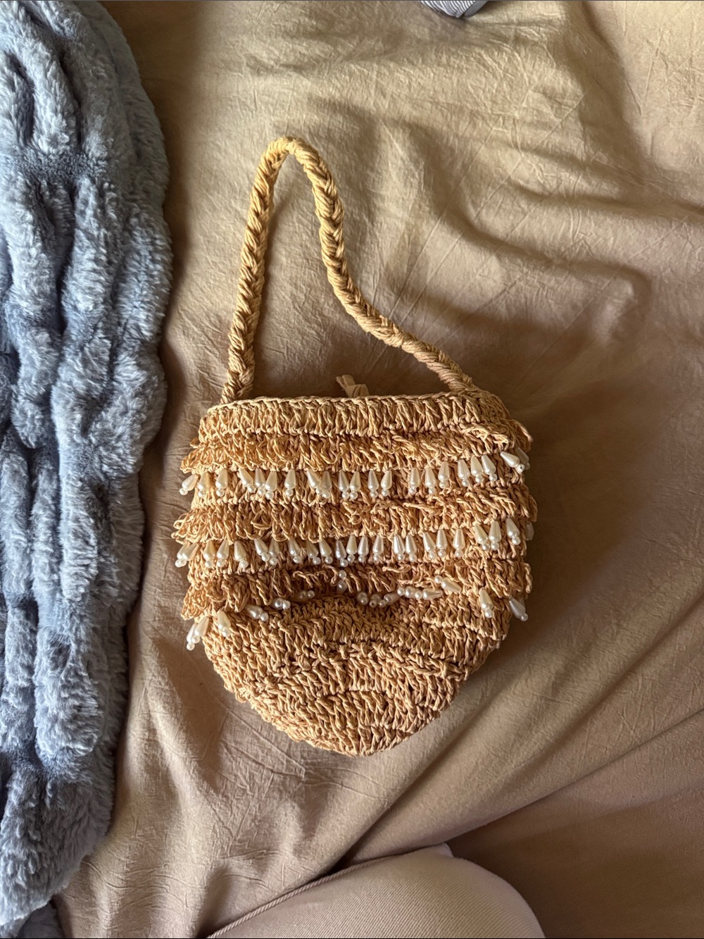 a new day Woven Fringe Shoulder Bag in Tan with Shell Accents